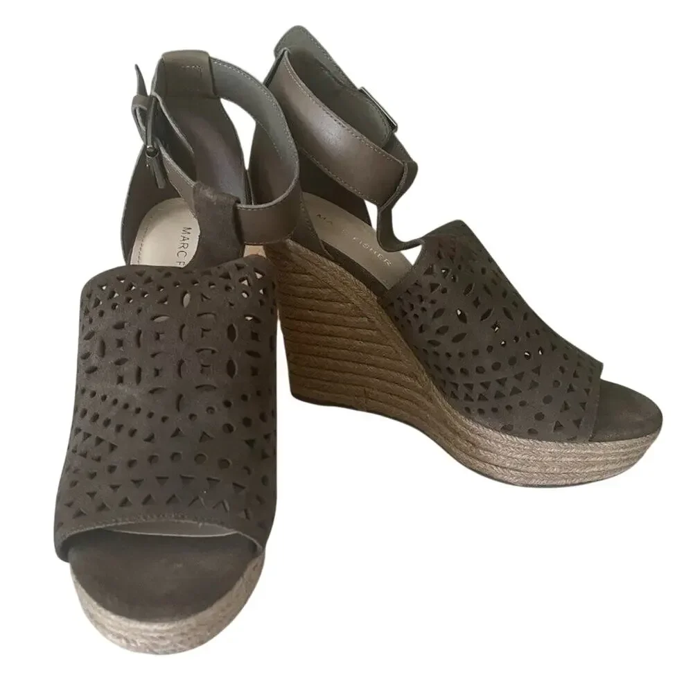 NEW Marc Fisher Hasina Olive Suede Laser Cut Espadrille Wedge Sandals Shoes